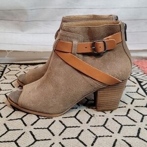 Lucky Brand Taupe Suede Peep-Toe Ankle Booties with Tan Strap